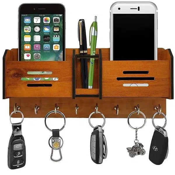 Wooden Wall Mounted Mobile Charging Stand with Pen & Key Holder